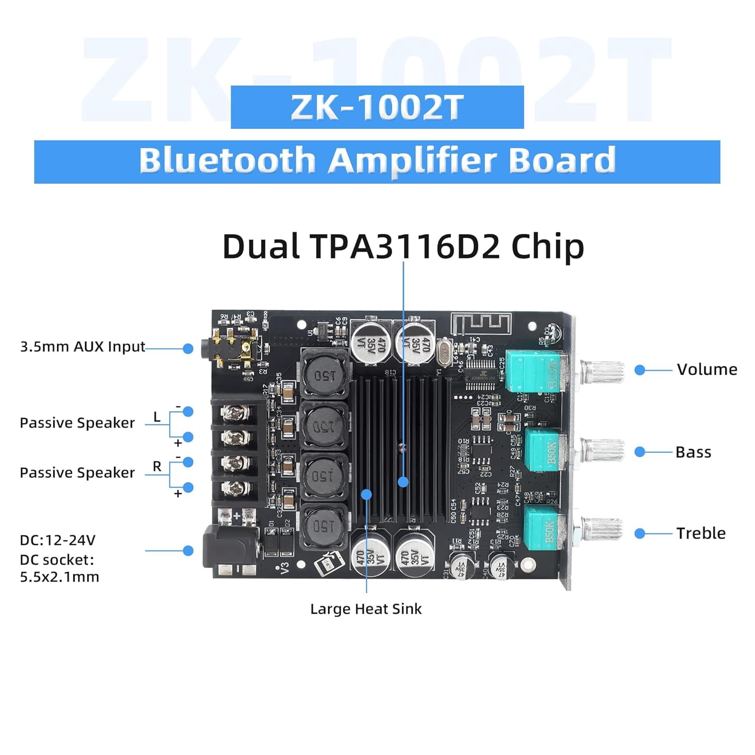 ZK-1002T Bluetooth Amplifier Board 100W+100W Audio Amplifier Supports AUX/Bluetooth,Wide Voltage Input 12-24V