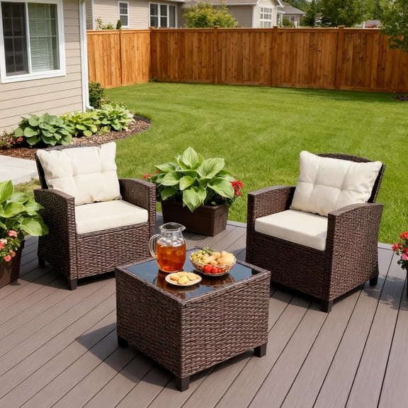 MUERE 3 Piece Wicker Patio Furniture Set - Outdoor Rattan Conversation Set with Soft Cushions & Glass Coffee Table for Balcony, Porch, Small Backyard - All Weather Beige Bistro Set, Beige