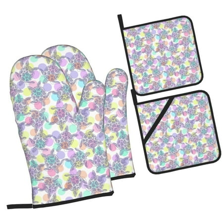 

Tebeau Sea Turtles Print 4 Pcs Oven Mitts and Pot Holders 500°F High Heat Resistant Kitchen Oven Mitts with Pot holders Long Oven Mitts for Baking and Cooking