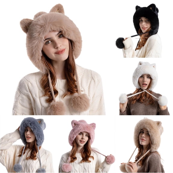 XIAOCHA Women’S Cat‑Ear Fuzzy Trapper Hat Solid Hats Casual Fall‑Winter Toque,B