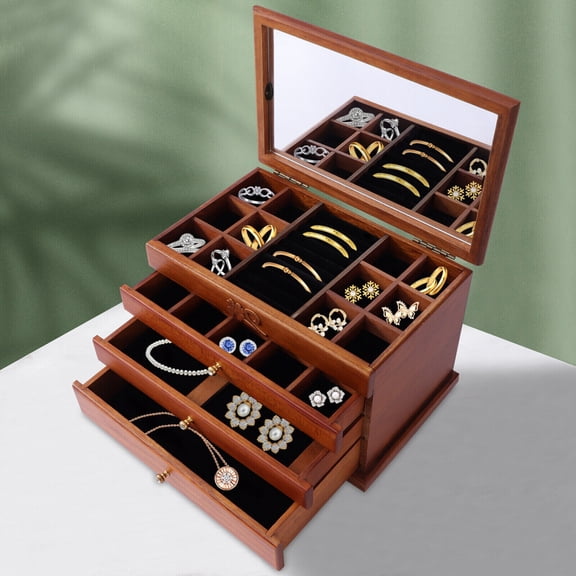4 Layers Wooden Jewelry Box Storage Box Ring Earrings Organizer Case with Drawer Mirror