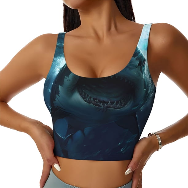Balery Undersea Shark Sujetadores deportivos con espalda cruzada para mujer, acolchados, sin costuras, de alto impacto, ideales para yoga, gimnasio, entrenamiento y fitness.-Medium