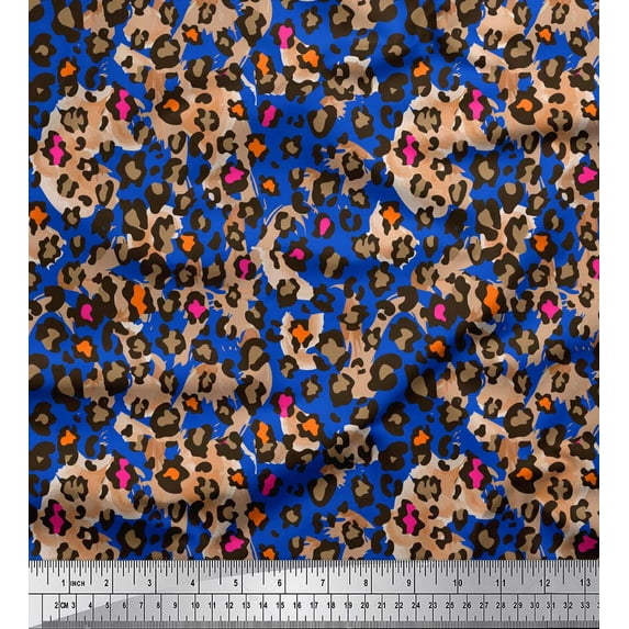 Soimoi Blue Silk Fabric Leopard Animal Skin Printed Craft Fabric by the Yard 42 Inch Wide