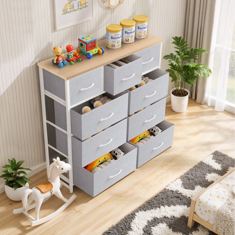 9 Drawers Dresser, Storage Dresser Organizer with Drawers, Chest of Drawers, Dresser with Metal Frame and Wood Tabletop for Bedroom, Guest Room, Closet, Entryway, Nursery, Light Gray