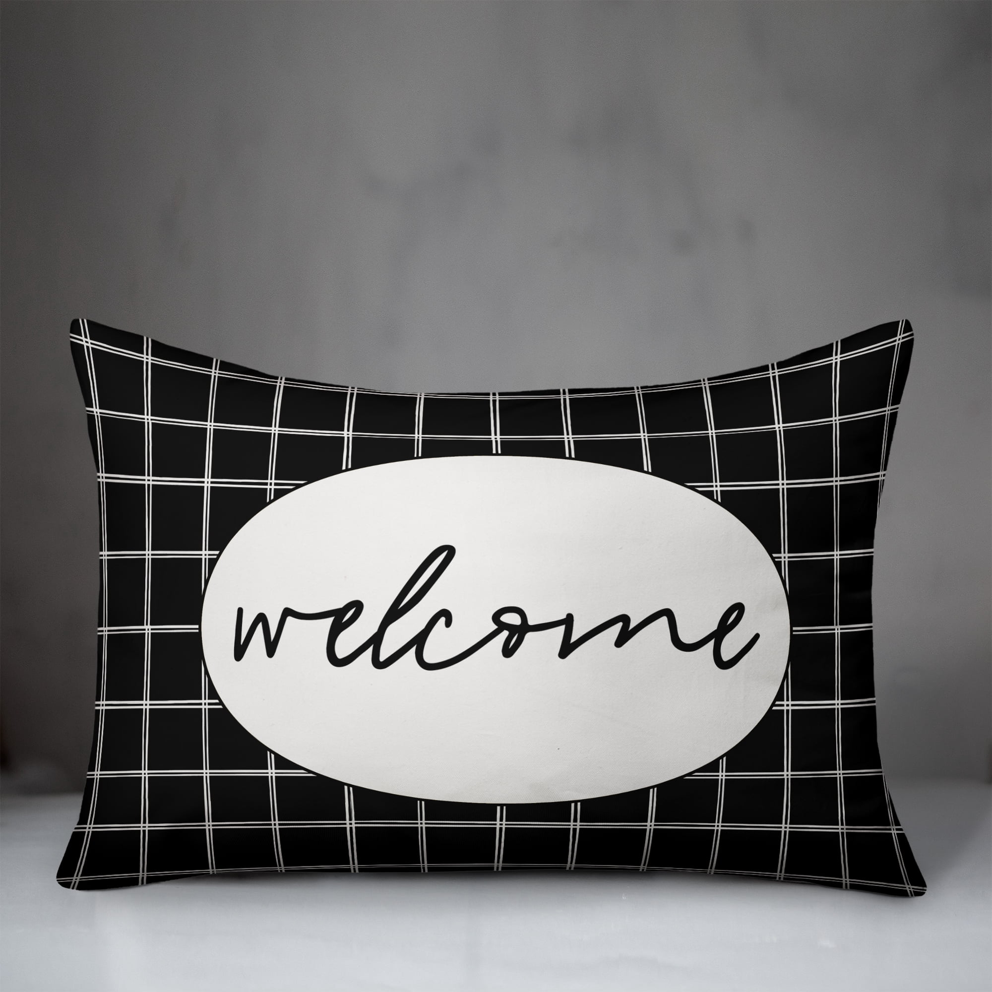 Creative Products Welcome Black and White Drawn Plaid 14x20 Indoor / Outdoor Pillow