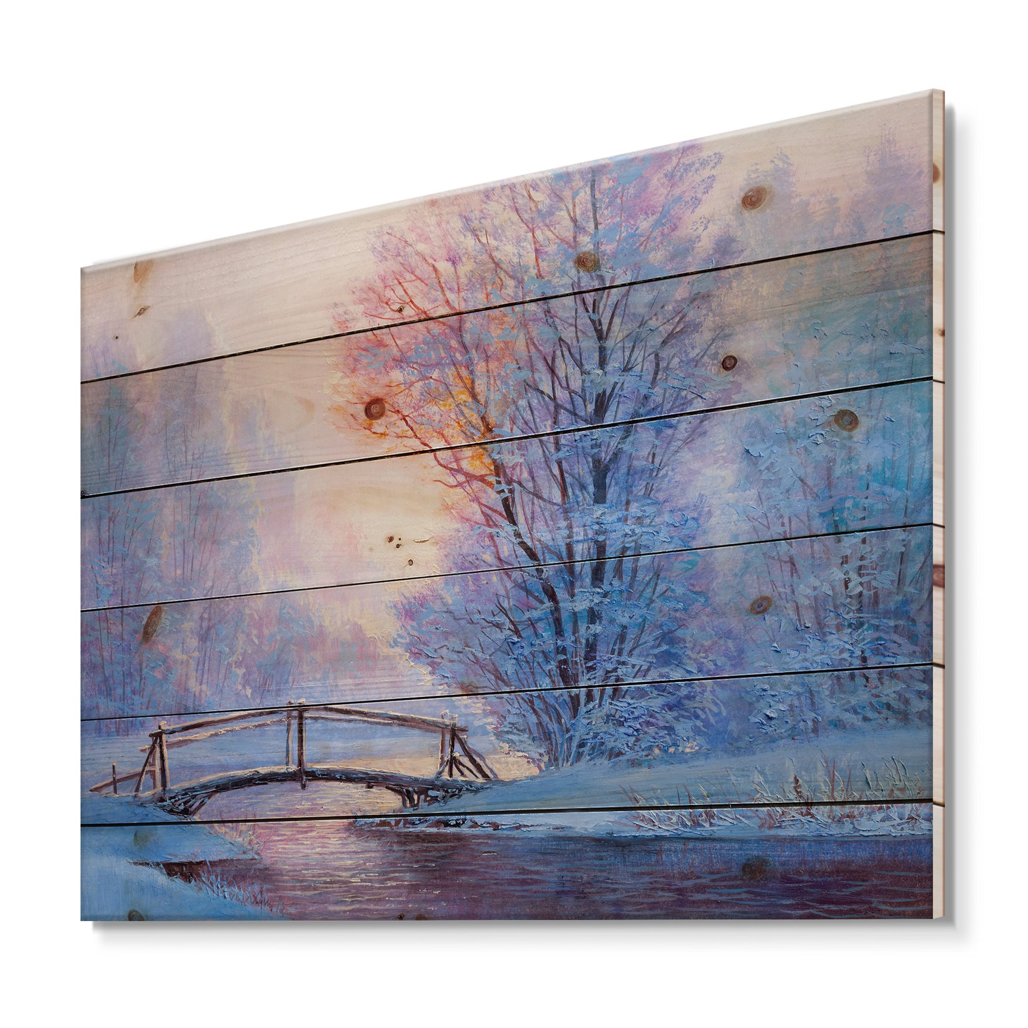 Designart 'Winter Landscape With A Bridge and A River' Lake House Print on Natural Pine Wood