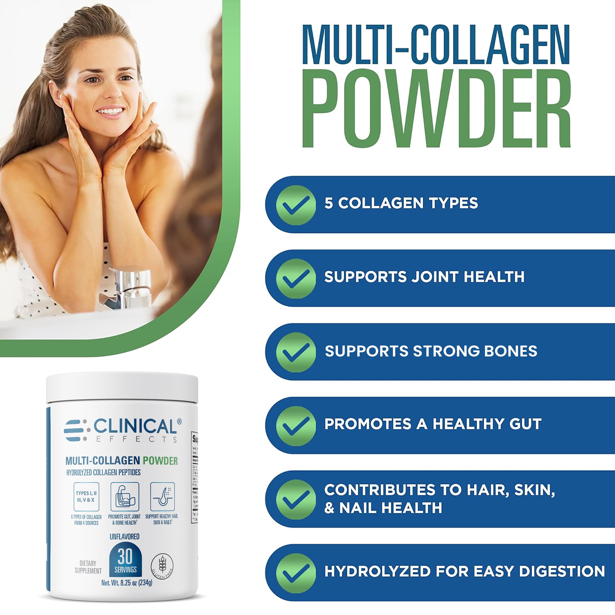 Clinical Effects Multi-Collagen Powder - Collagen Dietary Supplement - 8oz - 30 Servings - 5 Types of Quality-Sourced Multi-Collagen to Support Joint, Bone, Skin and Nail Health - Fast Absorption