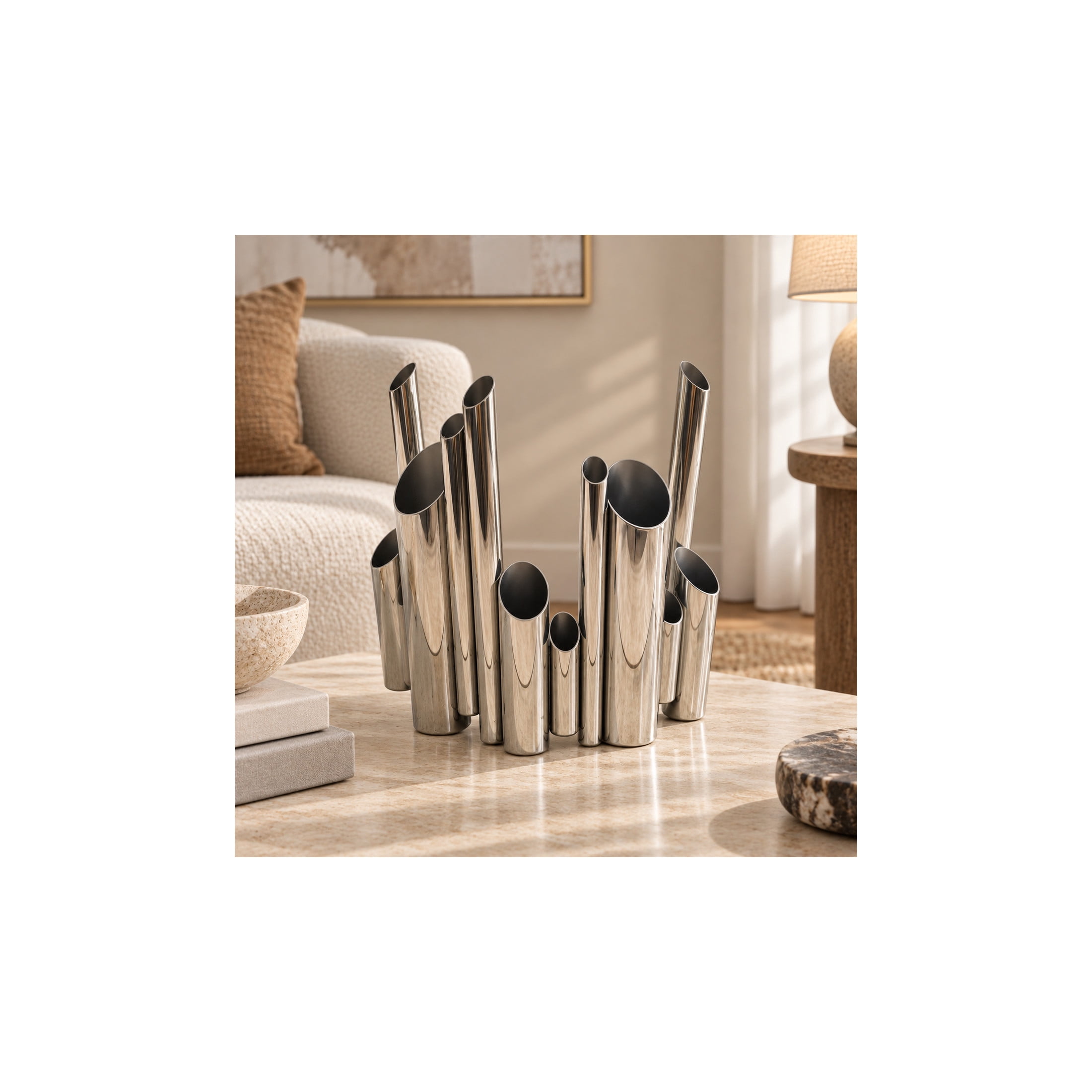 CosmoLiving by Cosmopolitan 13" Organ Pipe Tube Silver Stainless Steel Metal Vase