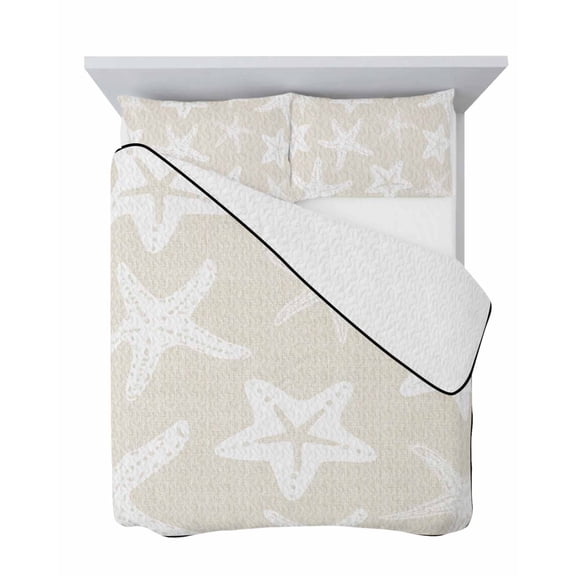 Starfish 3 Piece Quilt Set Queen Size, Summer Beach Nautical Ocean Sea Star Marine Life Beige Soft Bedspread Coverlet Bedding Set Microfiber Lightweight Comforter Set with 2 Pillowcases for Bedroom