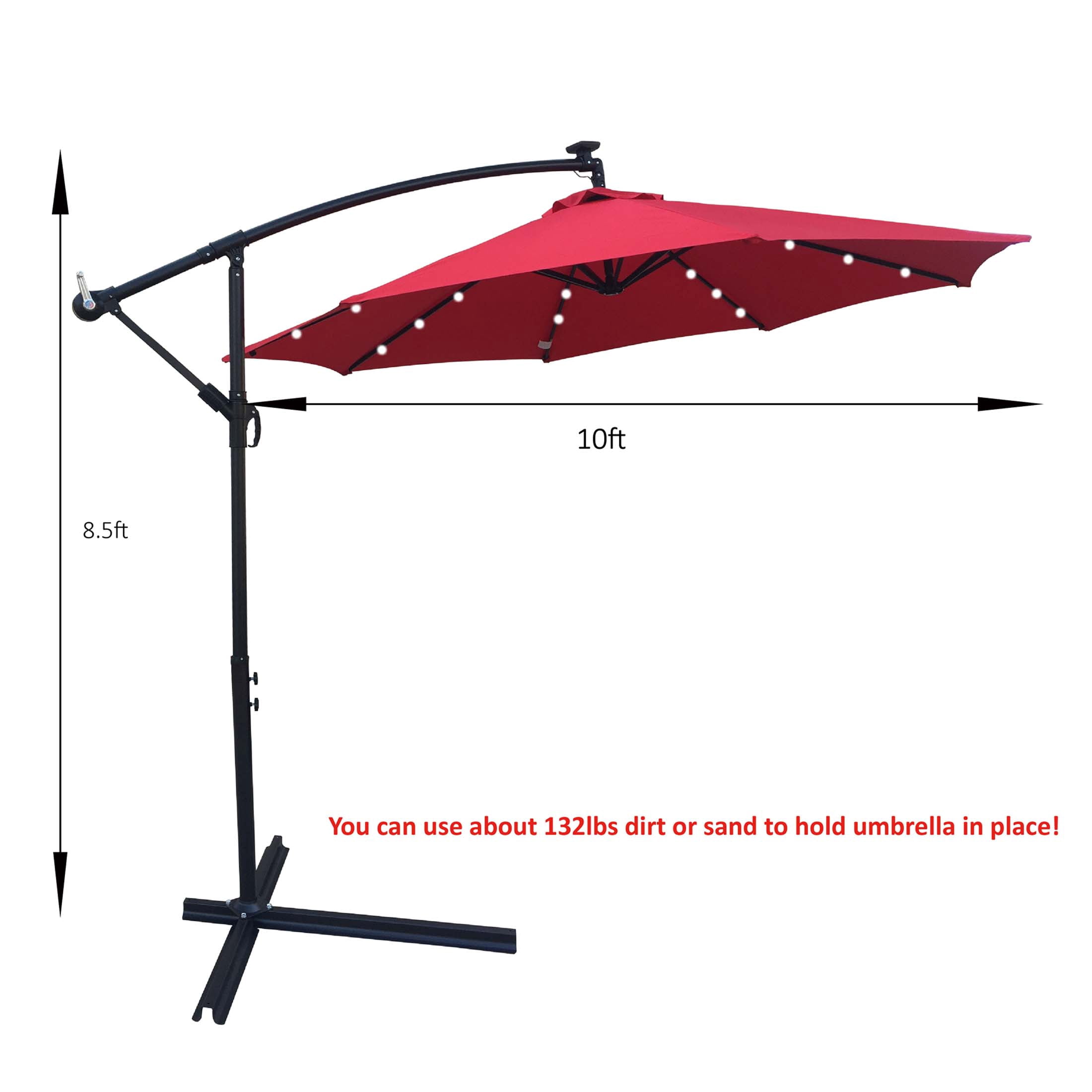 Aukfa 10ft Patio Solar LED Lighted Outdoor Umbrellas with Cross Base for Market Beach Pool - Red