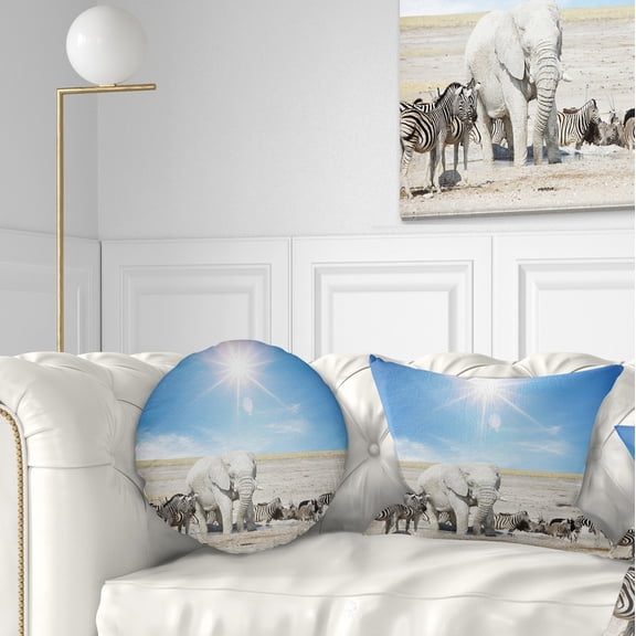 Designart White Elephant and Herd of Zebras - Abstract Throw Pillow - 12x20