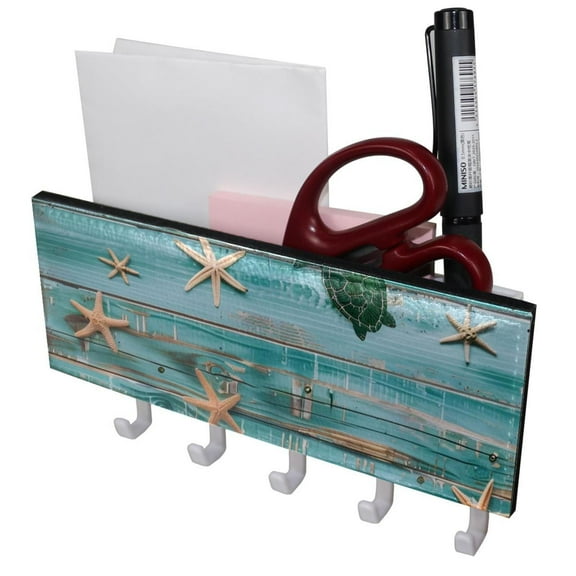 PhooArto Key Holder for Wall Decorative with 5 Key Hooks, Vintage Wooden Sea Shell Turtle Holders Wall Mount Organizer with Mail Key Rack, Self Adhesive