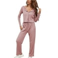thumbnail image 5 of Women's Knit 2 Piece Outfit Long Sleeve Button V Neck Knit Pullover Sweater Top and Loose Long Pants Lounge Pajamas Sets, 5 of 5