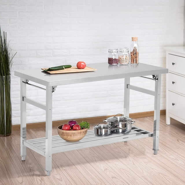 Kojooin Table Pliante en Acier Inoxydable 48 x 24 Po, Poste de Travail Robuste avec Tablette Inférieure Ajustable pour Cuisine Ou Garage