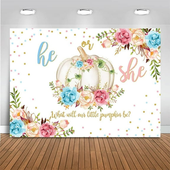 Pumpkin Gender Reveal Backdrop Fall Pumpkin Pink and Blue Baby Shower Photography Background She or He What Will Our Little Pumpkin Be Gender Reveal Party Decorations Banner Photo Booth Props