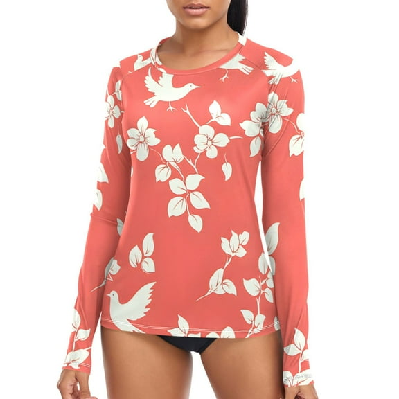 joogoo Womens UPF 50 Sun Shirts Red Floral Bird Long Sleeve UV Protection Rash Guard Tops S