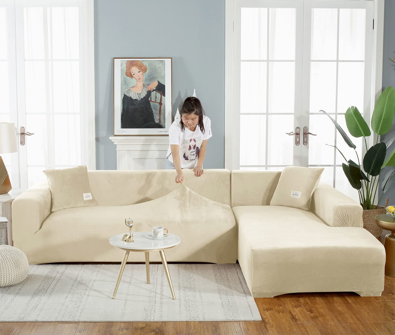 Sectional Couch Covers, Stretch Sofa Cover Velvet L-Shaped Sofa Cover Soft Non Slip Furniture Protector for Corner Sofa-Pink-3 Seater+3 Seater
