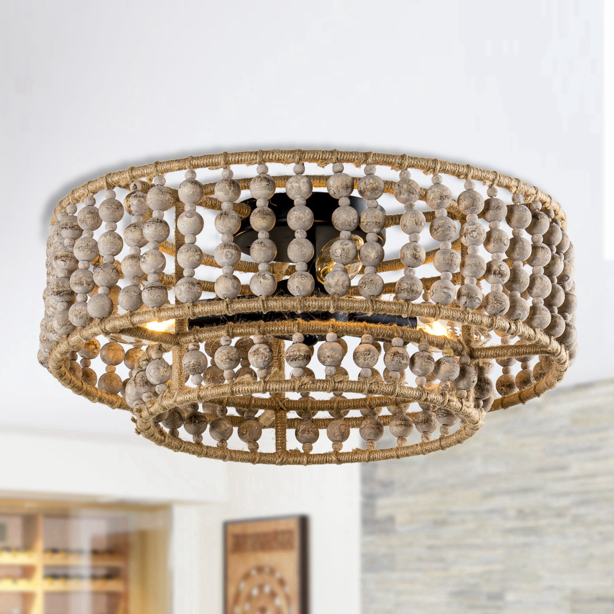 Parrot Uncle 16 inch Bohemia Flush Mount Ceiling Lights Wood Beaded Chandelier Ceiling Light Fixtures for Bedroom with 3 Lights, bulbs and switch not included
