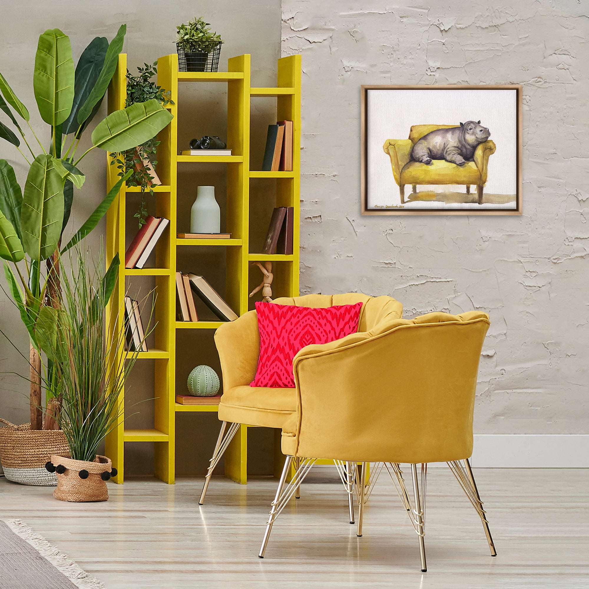Stupell Industries Hippo on Yellow Chair Animals Painting Brown Floater Framed Canvas Art Print Wall Art, 21 x 17