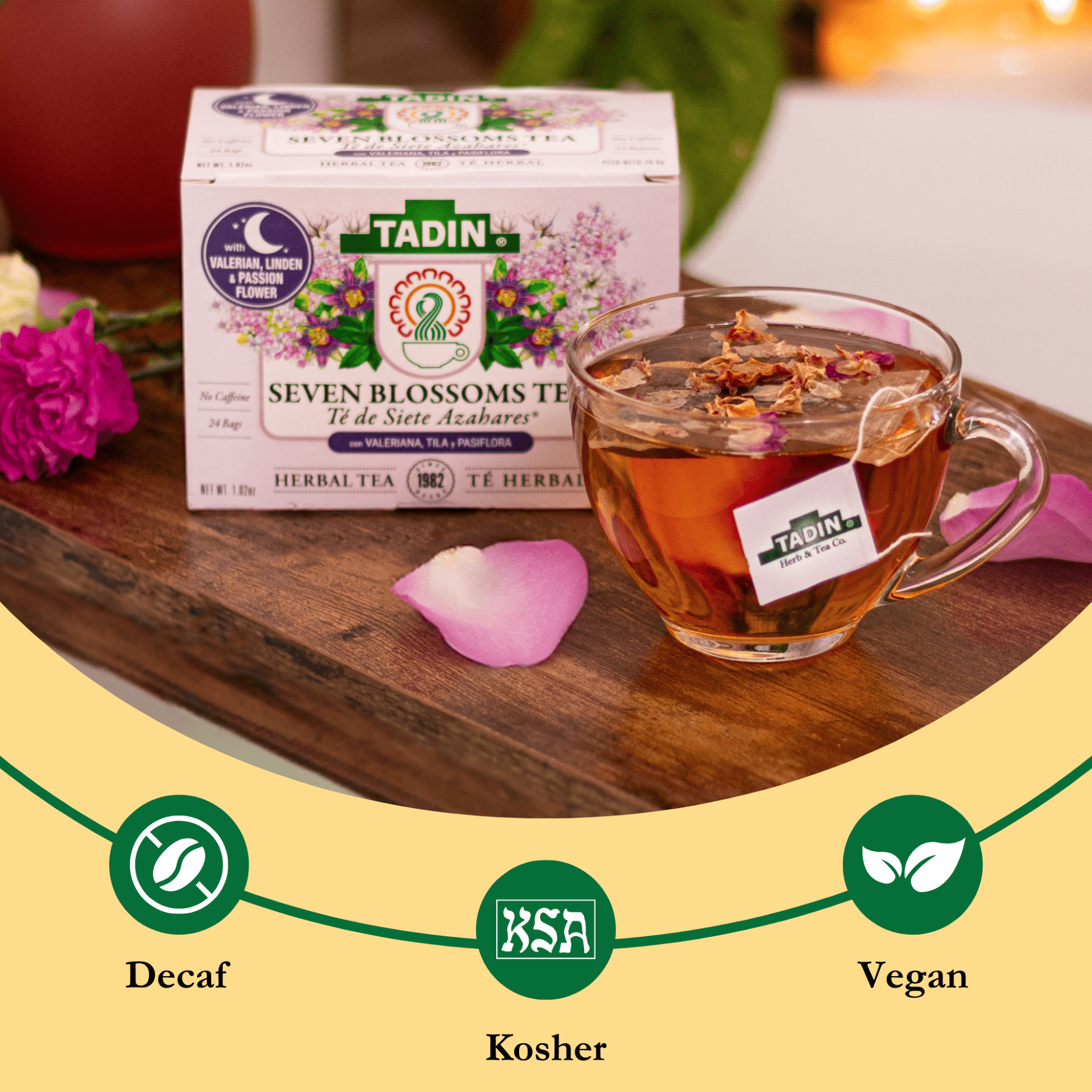 (2 pack) Tadin Seven Blossoms Tea, Herbal Tea, Caffeine-Free Tea, Herbal Tea Bags, 24 Count, Pack of 1