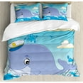 thumbnail image 1 of Whale Duvet Cover Set Queen Size, Cartoon Funny Captain Animal with Hat Ocean Life Illustration, Decorative 3 Piece Bedding Set with 2 Pillow Shams, Pale Blue Cream and Lavender Blue, by Ambesonne, 1 of 3