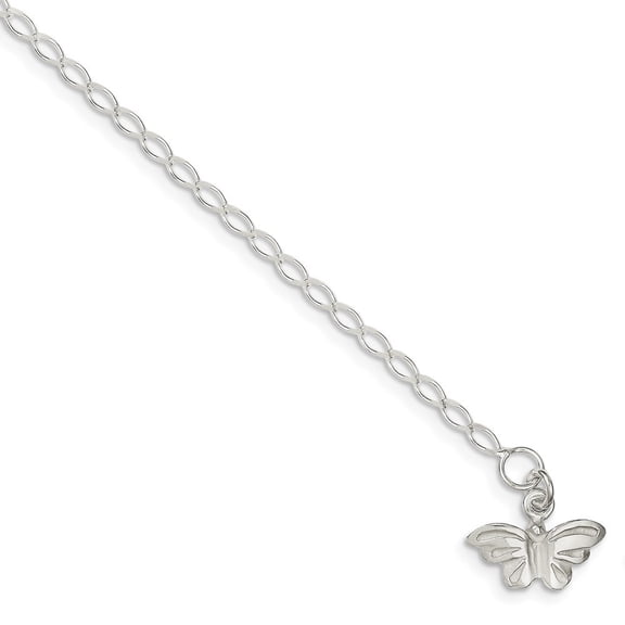Sterling Silver Solid Polished Butterfly Anklet - 10 Inch - Spring Ring - Measures 17mm Wide