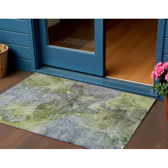 3' X 5' Olive Green And Gray Abstract Washable Indoor Outdoor Area Rug