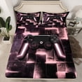 thumbnail image 2 of Gaming Bed Sheets Set for Girls Boys Abstract Gradient Checkered Full Sheet Set, Video Game Gamepad Print Sheets Geometric Ombre Plaid Bed Set, Black and Pink Flat Sheet, 2 of 7