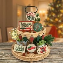 Christmas Decoration New Tiered Tray Decor Set Cute Wooden Signs Tiered Tray Decoration Items for Home Table House Room Kitchen Party, White