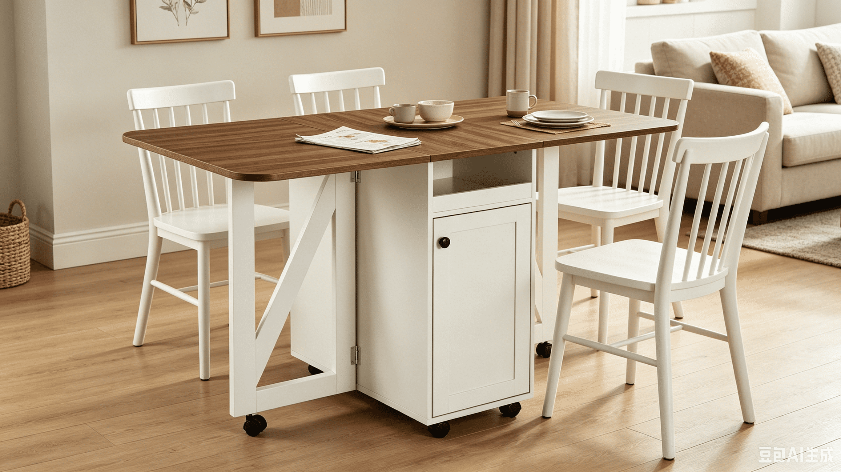 Rolling Drop Leaf Kitchen Island Cart with Expandable Tabletop and Wine Rack, Mobile Storage Cabinet and Serving Cart with Lockable Casters, Beige White and Walnut