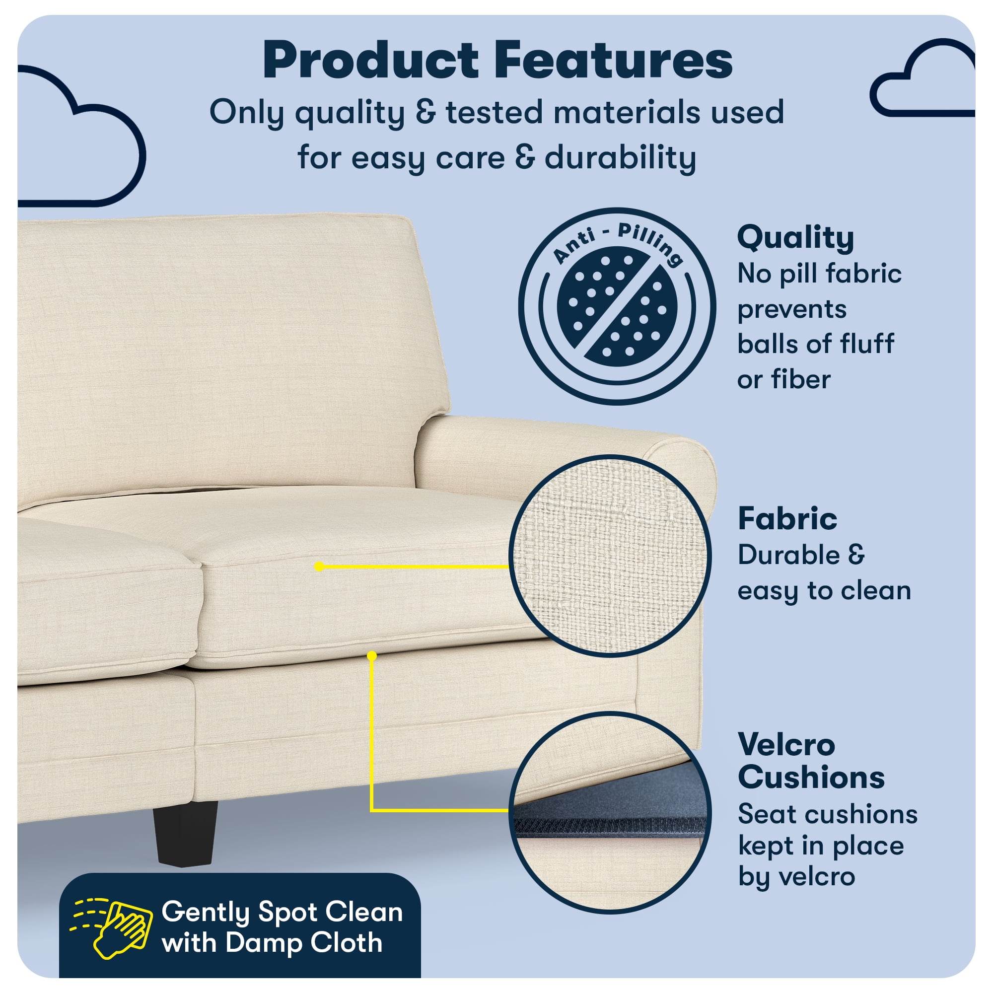 Serta Copenhagen 78" Rolled Arm Sofa, Easy Care Polyester,  Loveseat or Couch for Small Spaces, Buttercream