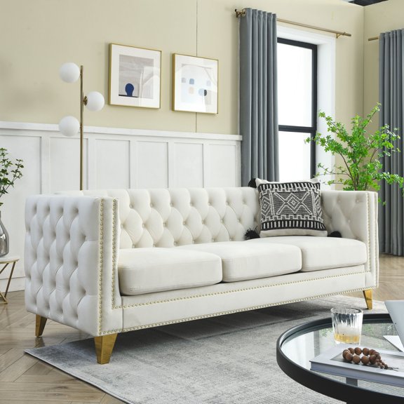 Velvet Sofa for Living Room,Buttons Tufted Square Arm Couch, Modern Couch Upholstered Button and Metal Legs, Sofa Couch for Bedroom, Beige Velvet (Beige)
