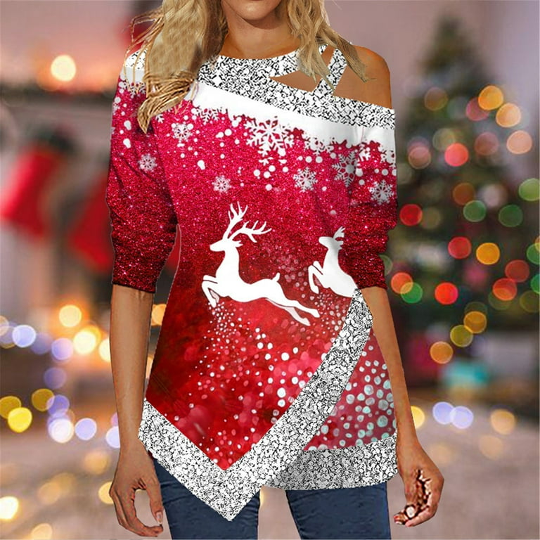 Big Sale FUNUONY Off Shoulder Tops for Women s Long Sleeved Shirt Glitter Christmas Snowflake Print Slant Neck Irregular Top Christmas Shirts Sequin Tops Womens Tops Red XL Walmart