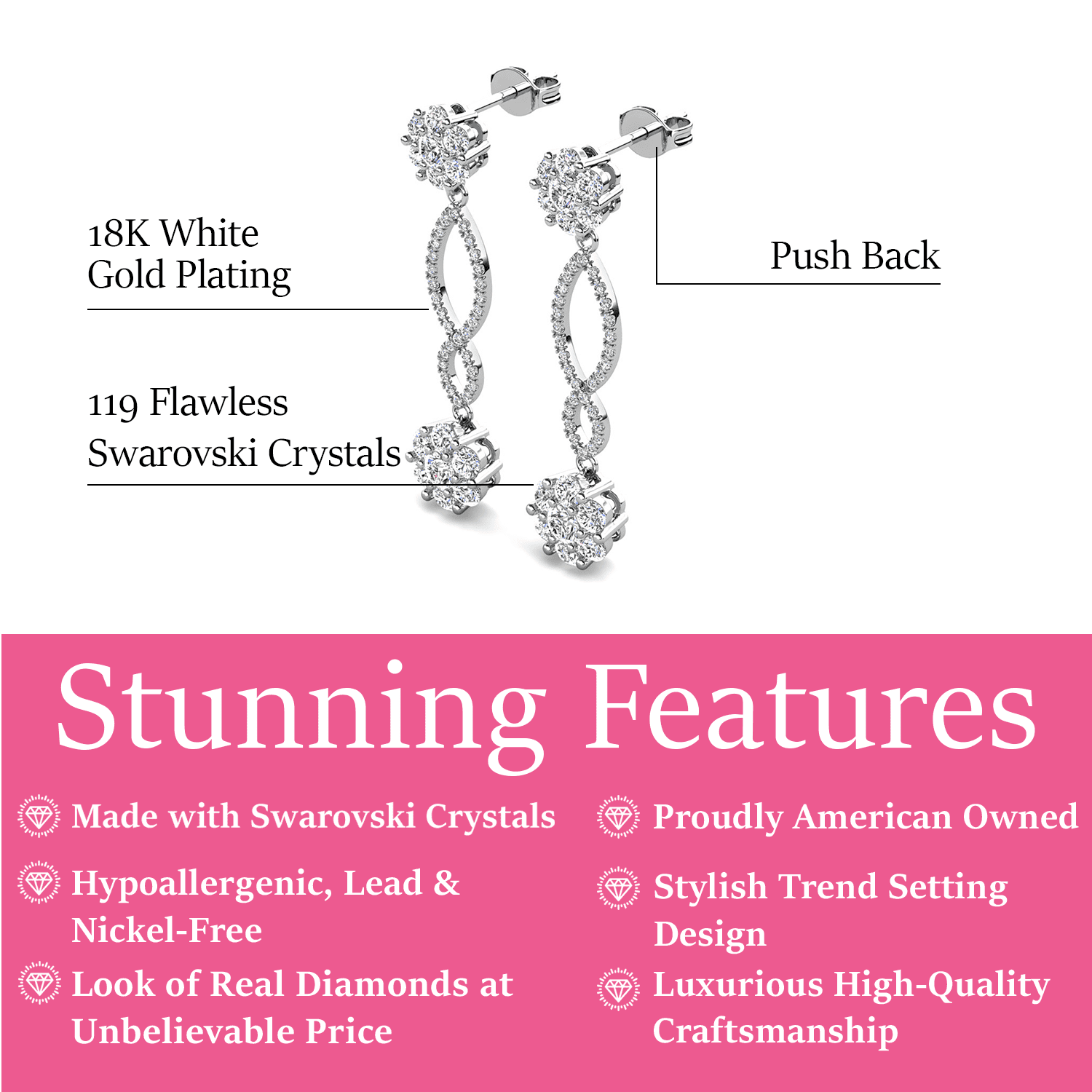 Cate & Chloe Jessica 18k White Gold Plated Dangle Earrings with Swarovski Crystals for Women