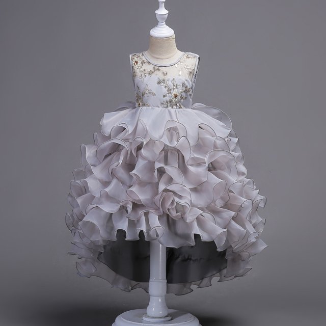 Vestido de actuación para niños, vestido de princesa de cola grande para niños, vestido de actuación hinchado con forma de pastel