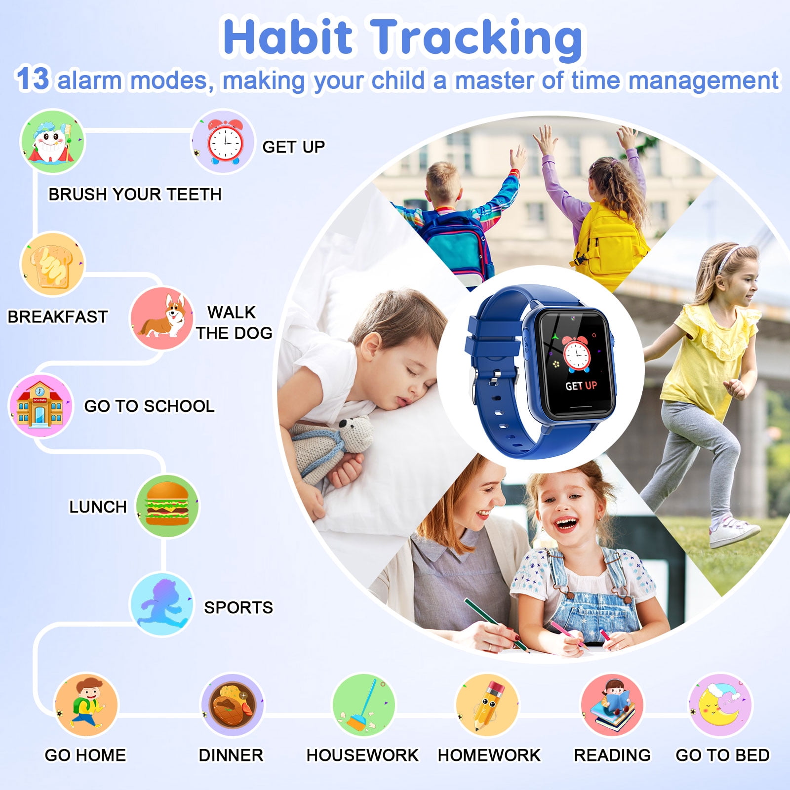 Eurhowing Kids Smart Watch Age 3-12, 31 Games, Learning Cards, HD Touch Screen, Camera, Music, Audiobook, Pedometer, Fun & Educational Birthday Gift Idea, Blue
