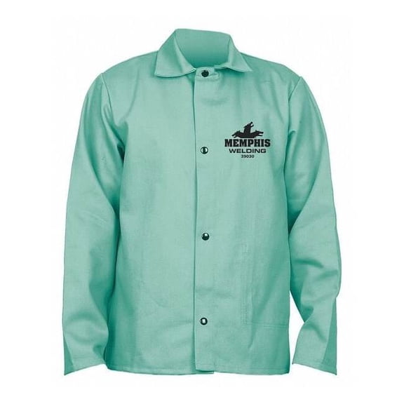 Welding Jacket, Excel FR, 9 oz, 76 in Length, Snaps Closure, Green, XL