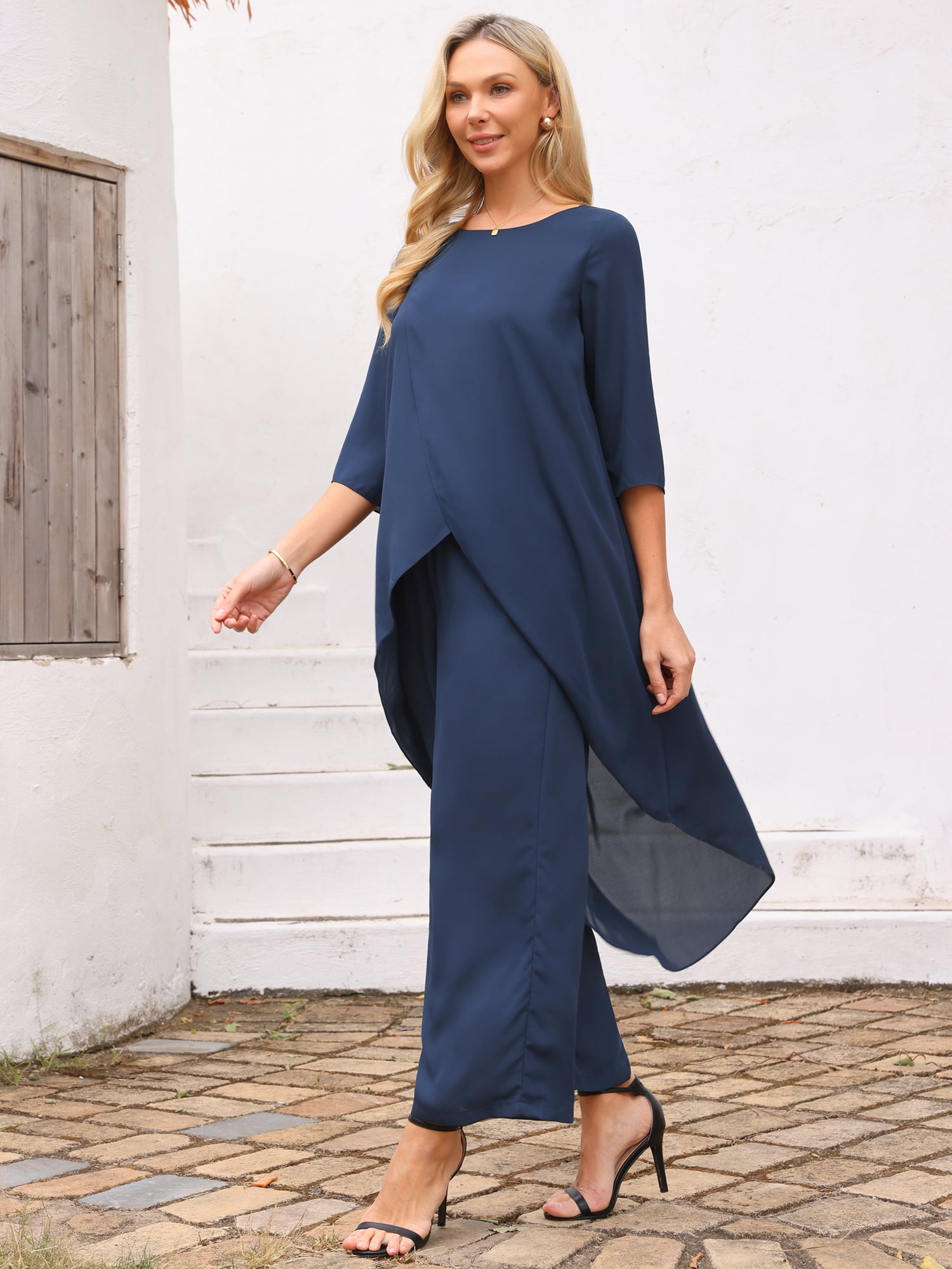 DARING DIVA Women's 2 Piece Chiffon Sets Dressy Pantsuit High Low Top Outfit L Dark Blue