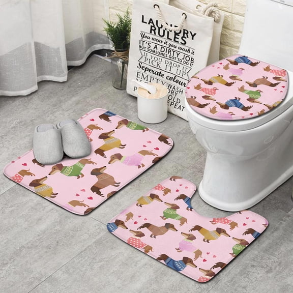 Colorful Funny Dachshund Bathroom Rugs Sets 3 Piece,Toilet Cover Set,Absorbent Non Slip Bathroom Mats Sets with U-Shaped Contour Rug Toilet Rug Set