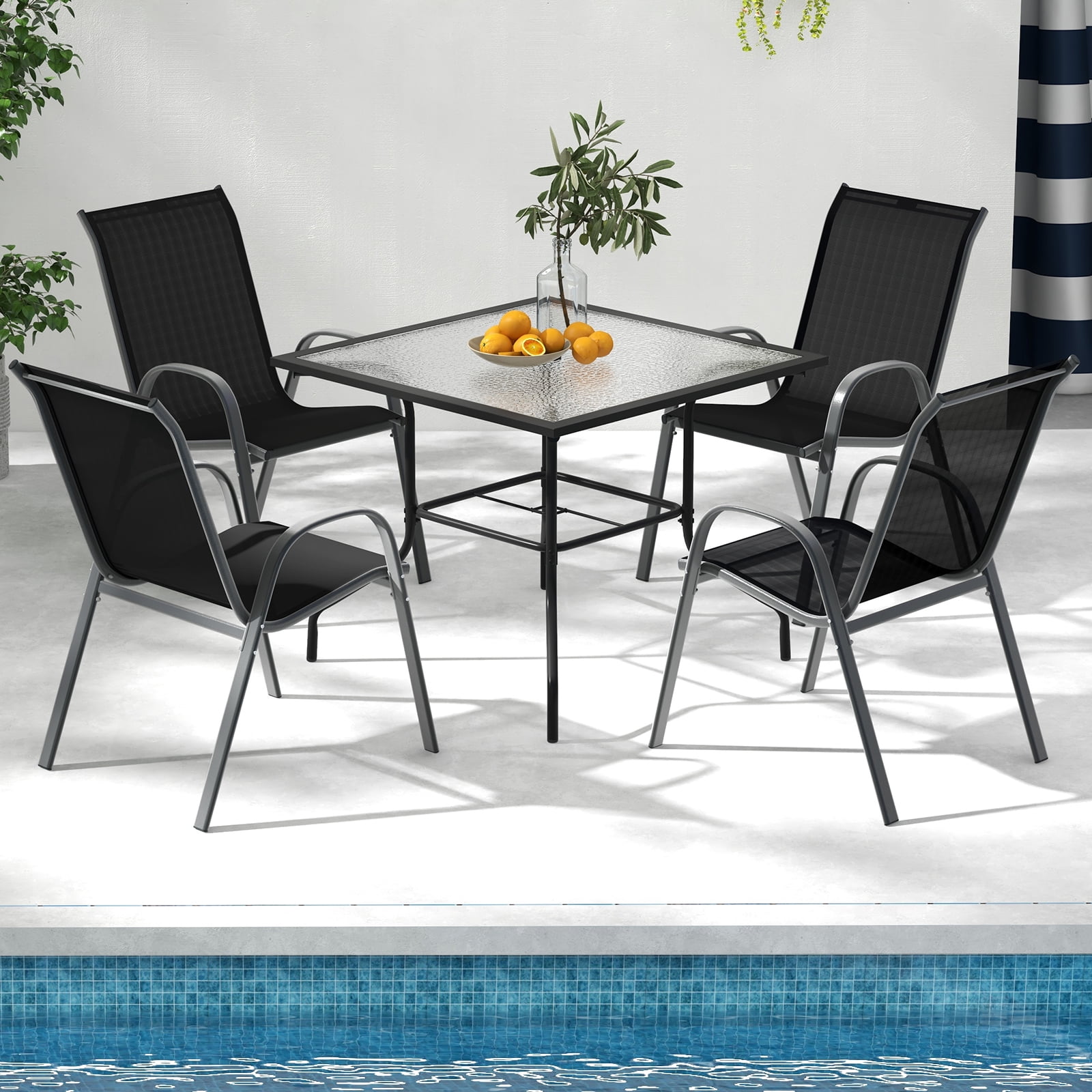 Costway 2PCS Patio Dining Chairs Stackable Armrest Space Saving Garden, Black