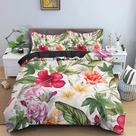 Floral Print King Full Size Bedding Set Luxury Duvet Cover Set Leaves Flower Polyester Quilt Cover for Adult Kids