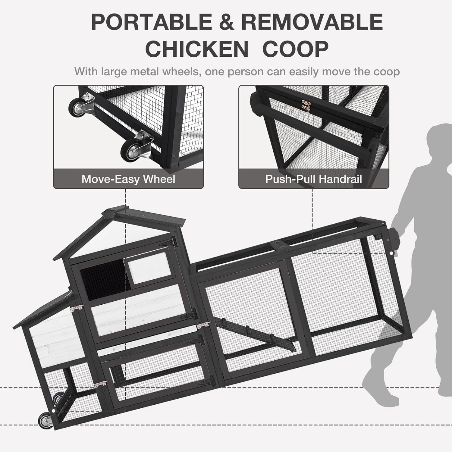 Aivituvin Mobile Chicken Coop with Wheels, 82.4" L Large Outdoor Hen House with Run Nesting Box for 4-6 Chickens, Weatherproof Chicken House Black