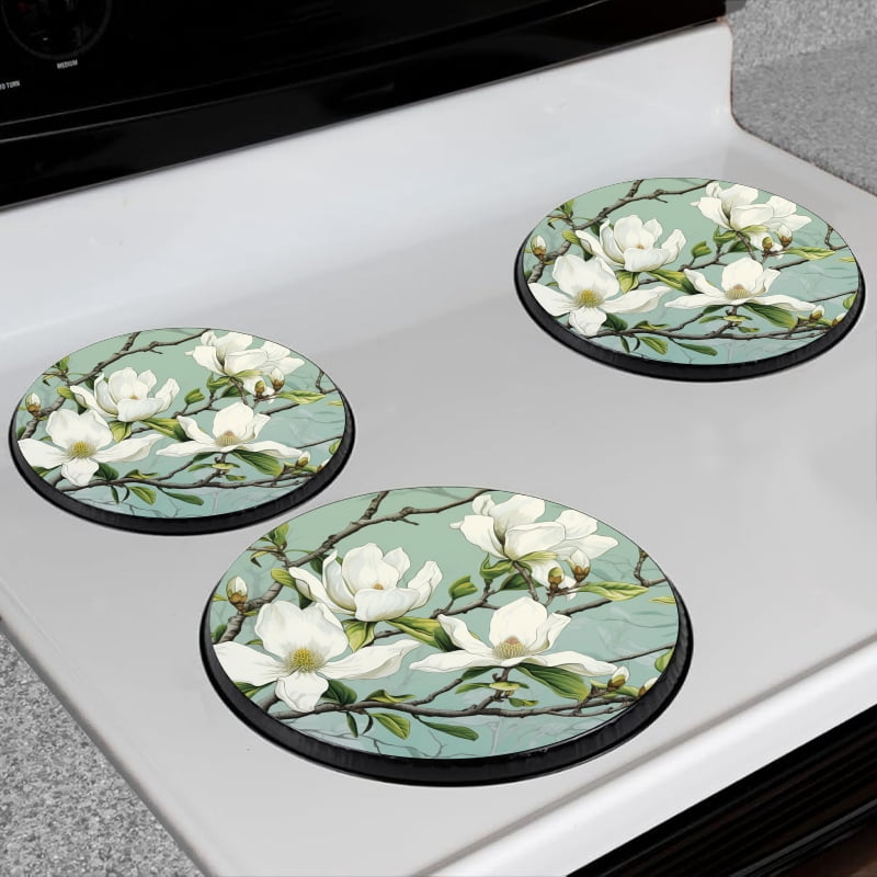 BaHomeck Electric Stove Burner Covers Set of 4,Round Metal Gas Stove Burner Covers 8 Inch and 10 Inch,Kitchen Decor,Beautiful Painting Of White Magnolia Flowers On Branches