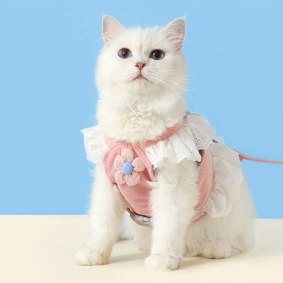 Cat Harness Collar and Leash Set, Sweet Lace Floral Kitten Collar, Escape Proof Puppy Chest Harness, Adjustable Cute Harness Leash Set for Cat Puppy Dog Outdoor Walking
