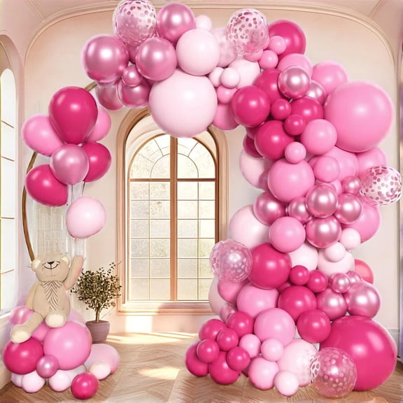 153pcs Pink Balloon Garland Arch Kit, Different Sizes 18 12 10 5 inch Hot Pink Latex Metallic Confetti Pink Balloons for Birthday Princess Wedding Baby Shower Party Decorations