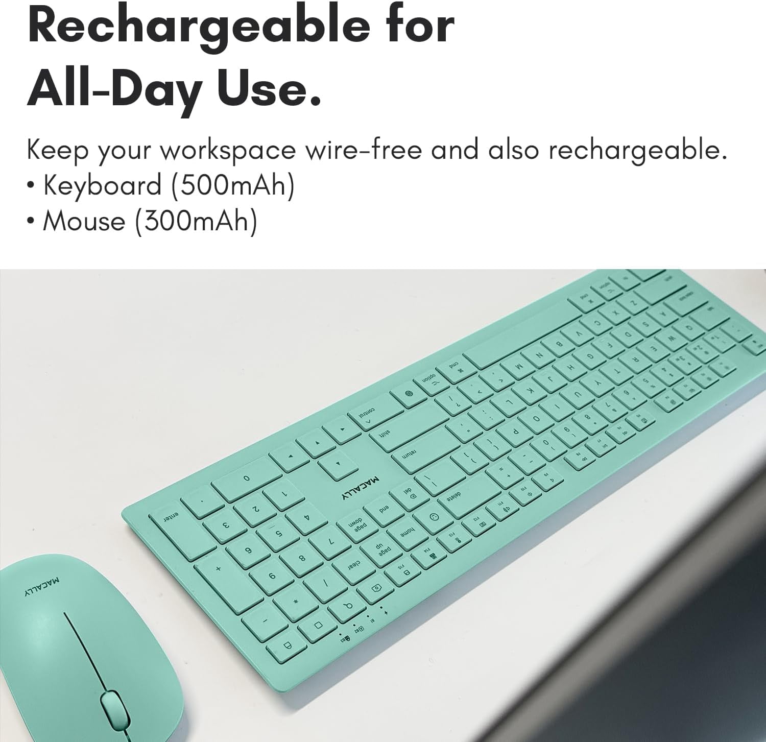 Macally Wireless Keyboard and Mouse Combo for Mac Mini/Pro, iMac, MacBook, iPad, iPhone - Compatible Bluetooth Apple Keyboard and Mouse Combo (Multi Device, Rechargeable, Emoji Keys) - Light Green