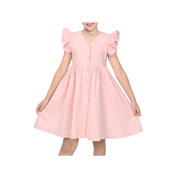 Sunny Fashion Girls Dress Blush Button Front Swiss Dot Ruffle Cap Sleeve V Neck Wedding Summer Casual 6 Years