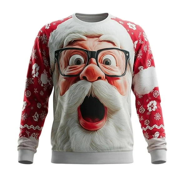 Telankuip Funny Santa Claus Face Graphic Sweatshirts for Men 2025 Christmas Funny Crewneck Long Sleeve 3D Printed Hoodies Xmas Holiday Hooded Tops with Pockets Red3 XL