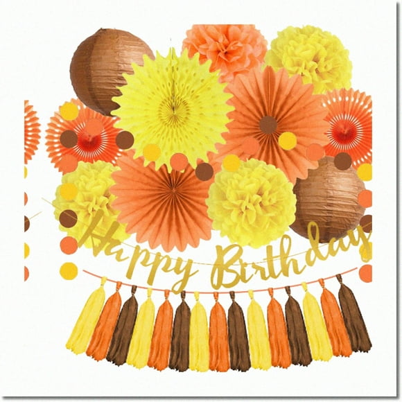 Autumn Harvest Fiesta Kit: Vibrant Orange & Yellow Paper Fans, Pom Poms, Lanterns, Circle Dots Garland, Happy Birthday Banner. Perfect Fall Birthday Party Decorations & Thanksgiving Celebration!