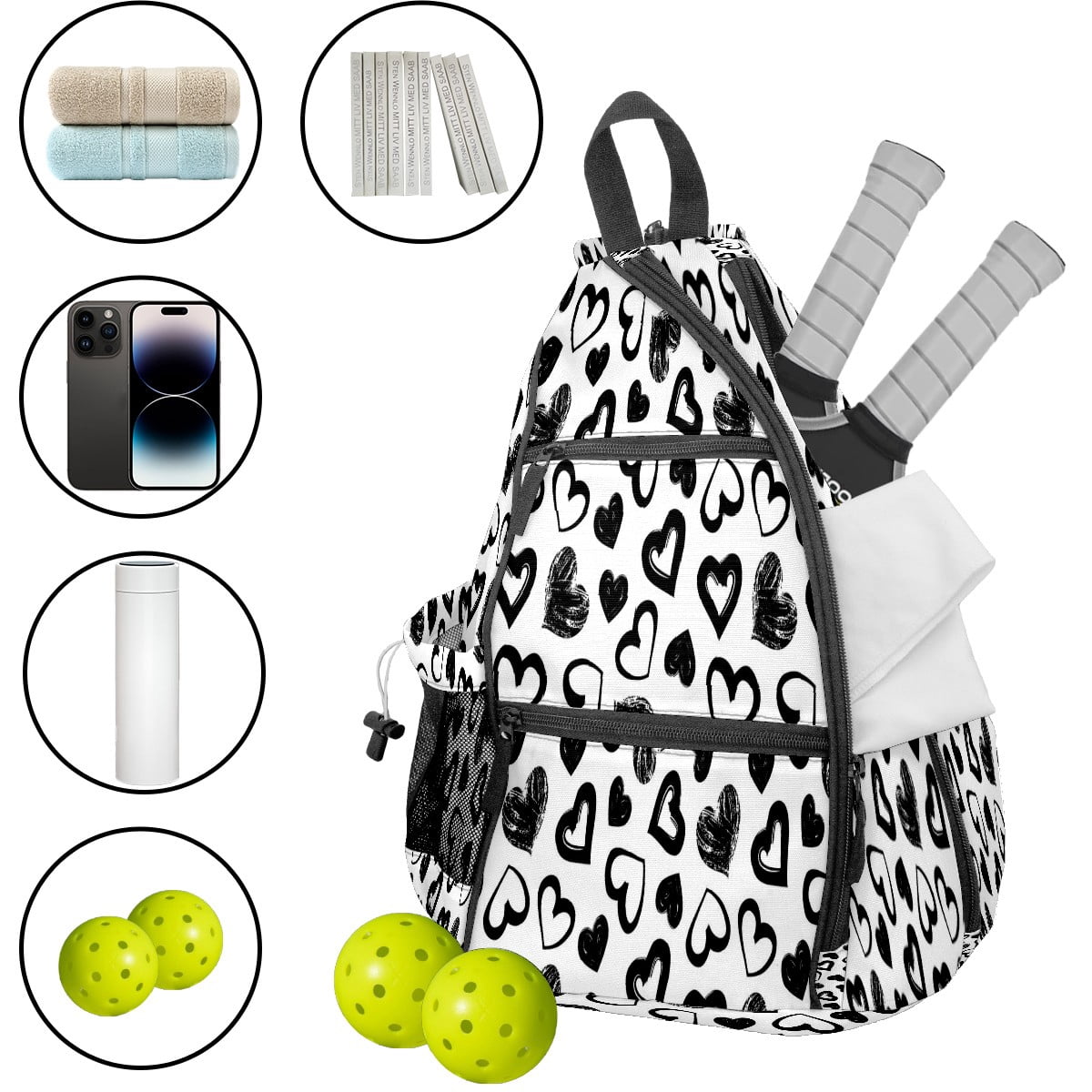 Pickleball Bags for Men Women Pickleball Backpack with Large Capacity Lightweight Adjustable Pickleball Sling Bag Hold Paddles, Balls, Accessories Love Theme Hearts Valentines Day (2)
